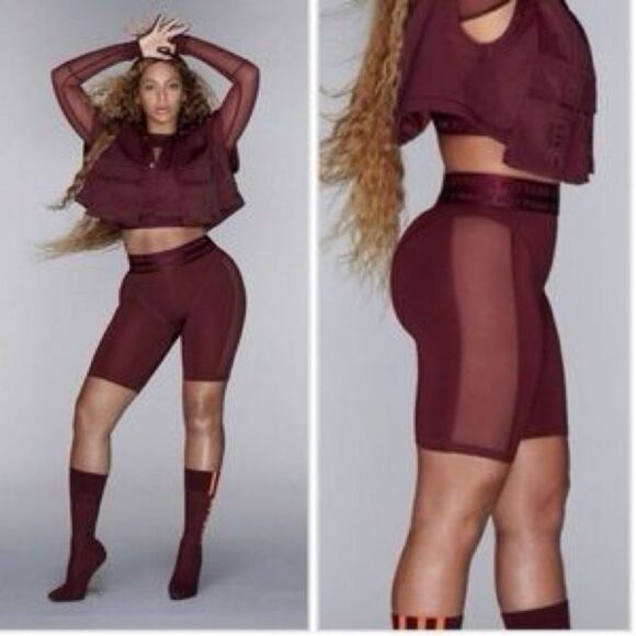 IVY PARK Pants - Adidas Ivy Park Mesh Paneled High Waisted Biker Shorts Maroon Size S